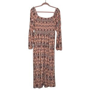 Cabana Life Smocked Top Maxi Dress Size L Peach Brown Floral Puff Sleeve 50+ UPF